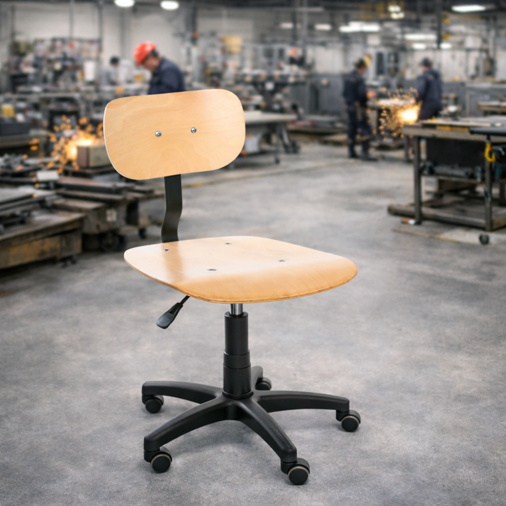 Krzesło warsztatowe ze sklejki lakierowanej na kółkach ErgoPlus 02 WH